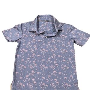 Johnnie-O, Like New, Boy’s Blue Polo with Pink Palm and Flamingos, Size 7